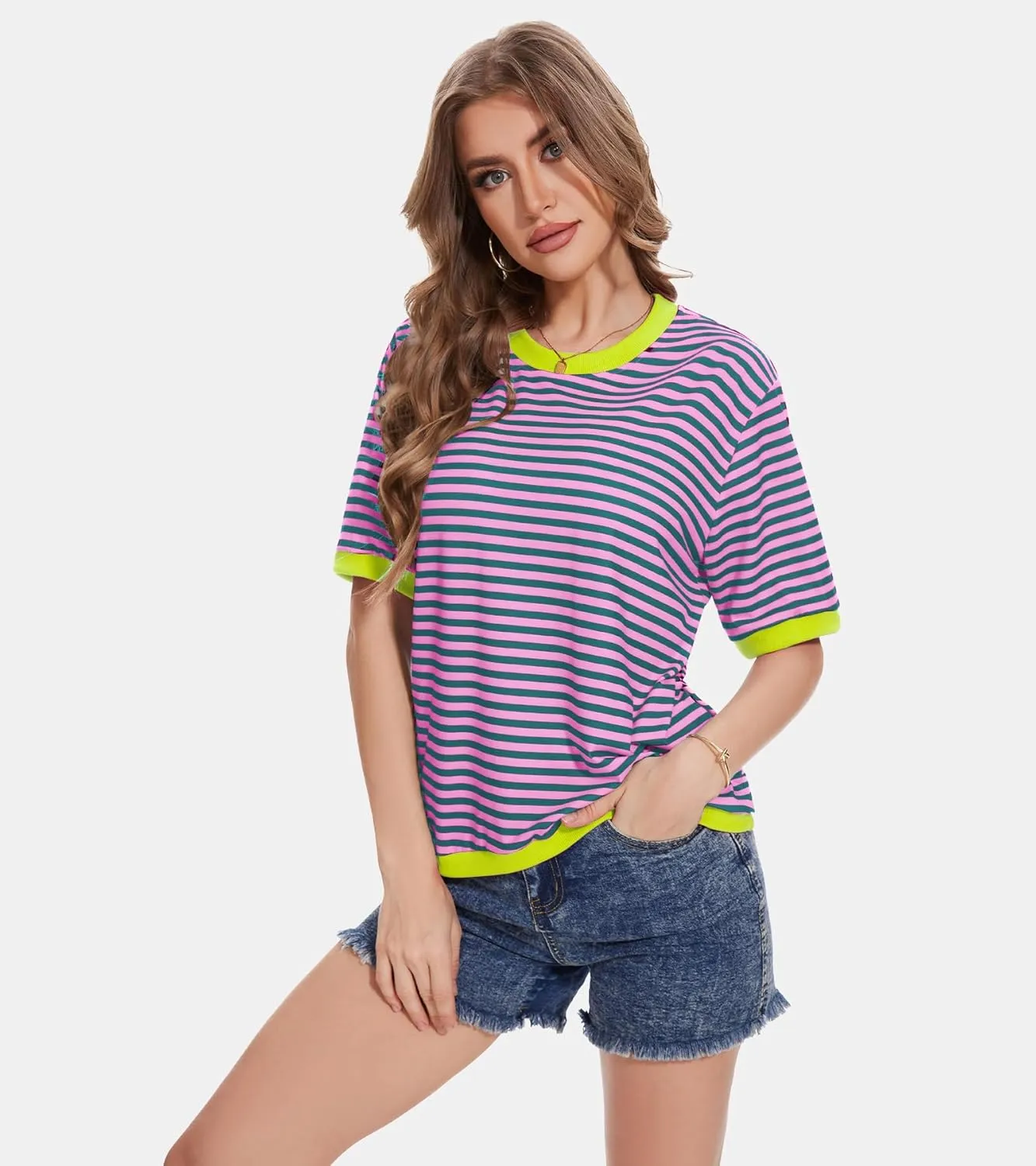 Striped T Shirts for Women Casual Crewneck Short Sleeve Color Block Loose fit Tee Shirts Basic Tops Summer Spring