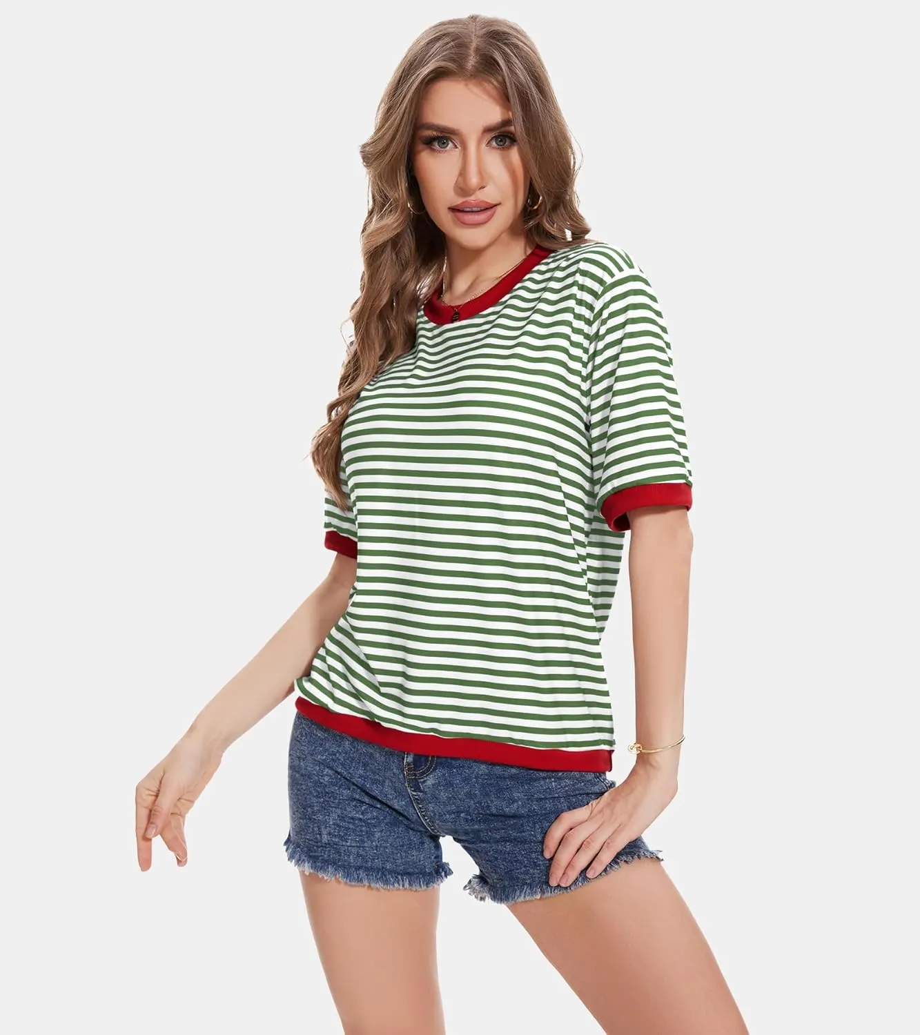 Striped T Shirts for Women Casual Crewneck Short Sleeve Color Block Loose fit Tee Shirts Basic Tops Summer Spring