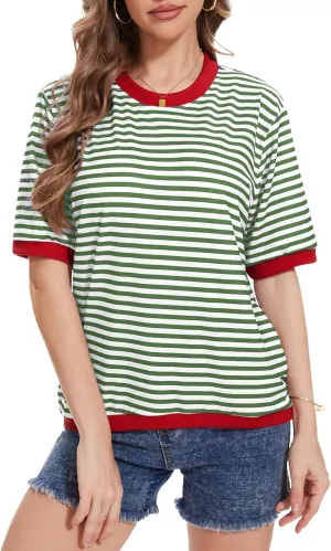 Striped T Shirts for Women Casual Crewneck Short Sleeve Color Block Loose fit Tee Shirts Basic Tops Summer Spring