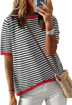 Striped T Shirts for Women Casual Crewneck Short Sleeve Color Block Loose fit Tee Shirts Basic Tops Summer Spring