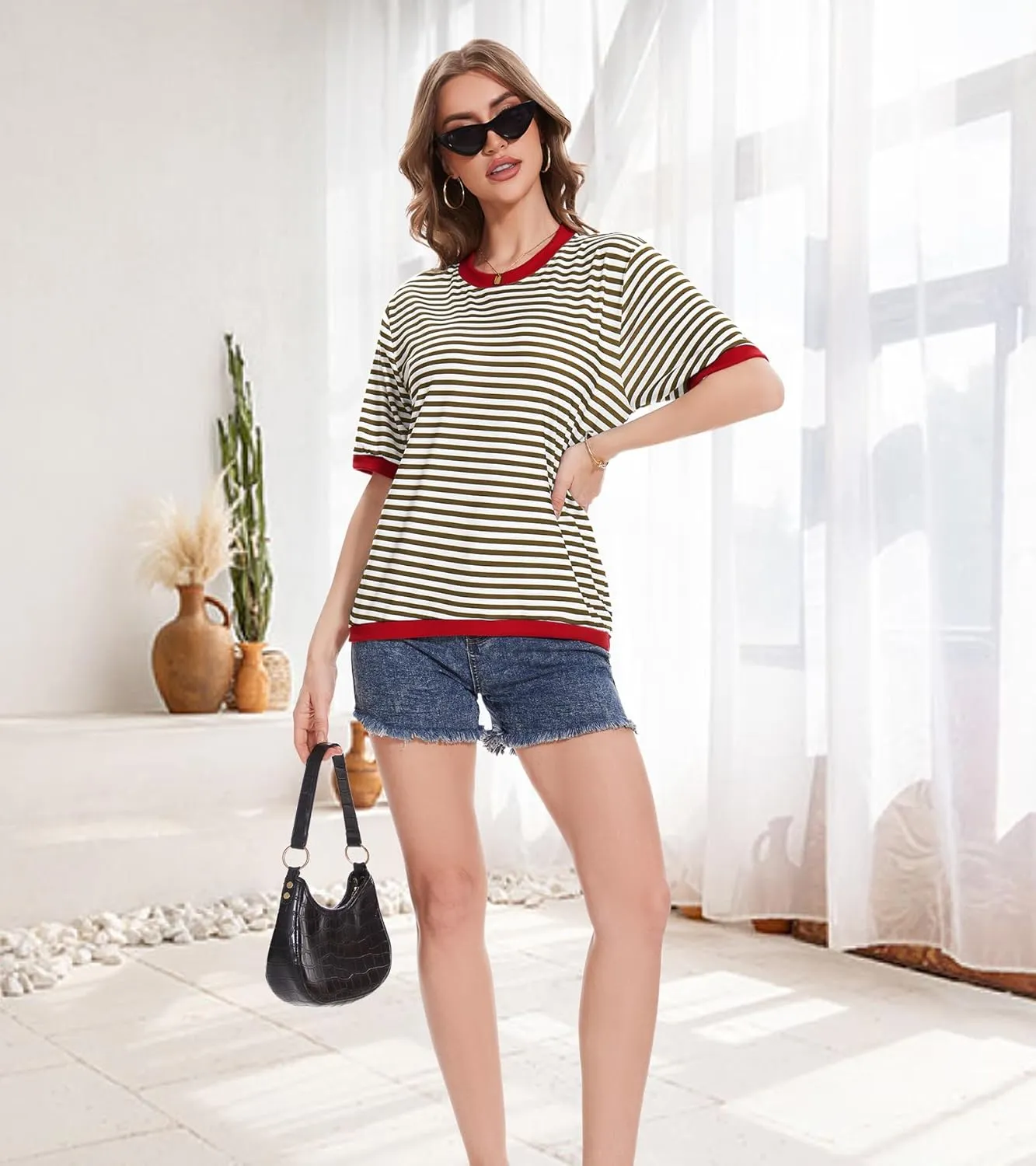 Striped T Shirts for Women Casual Crewneck Short Sleeve Color Block Loose fit Tee Shirts Basic Tops Summer Spring