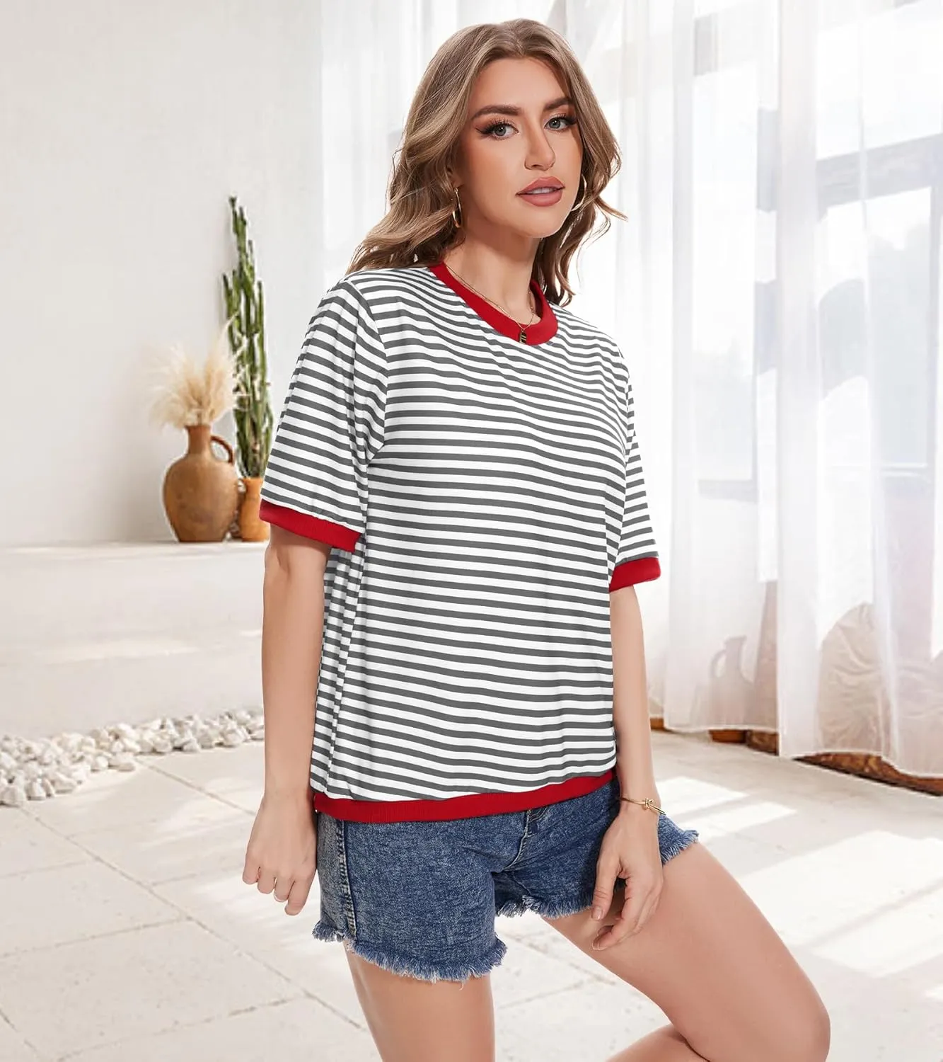 Striped T Shirts for Women Casual Crewneck Short Sleeve Color Block Loose fit Tee Shirts Basic Tops Summer Spring