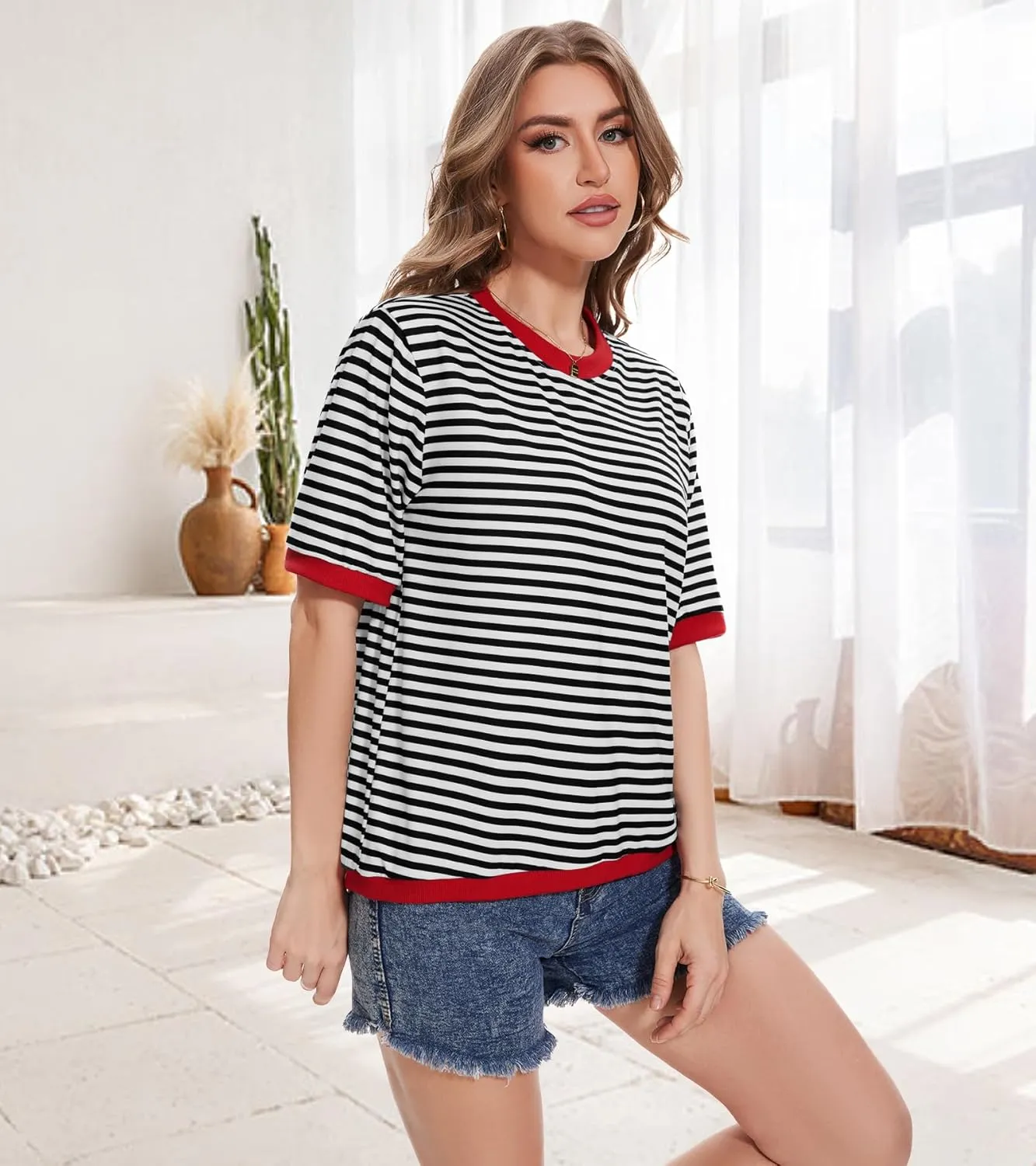 Striped T Shirts for Women Casual Crewneck Short Sleeve Color Block Loose fit Tee Shirts Basic Tops Summer Spring