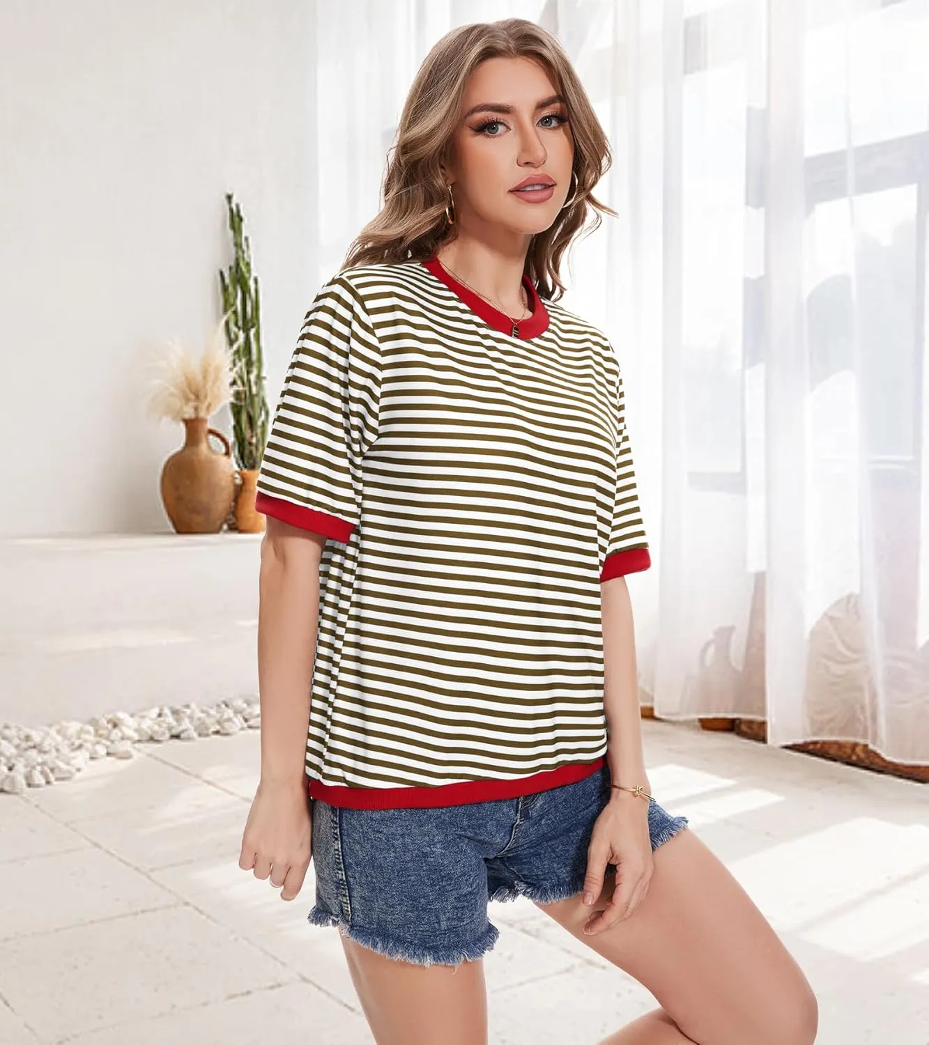 Striped T Shirts for Women Casual Crewneck Short Sleeve Color Block Loose fit Tee Shirts Basic Tops Summer Spring