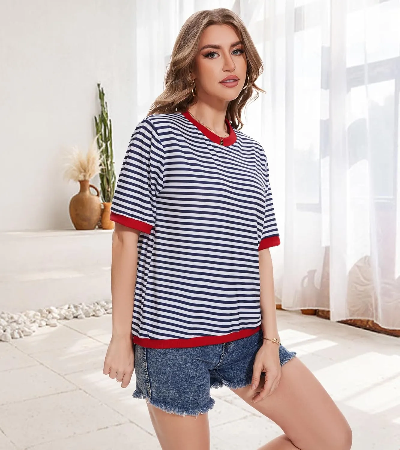Striped T Shirts for Women Casual Crewneck Short Sleeve Color Block Loose fit Tee Shirts Basic Tops Summer Spring