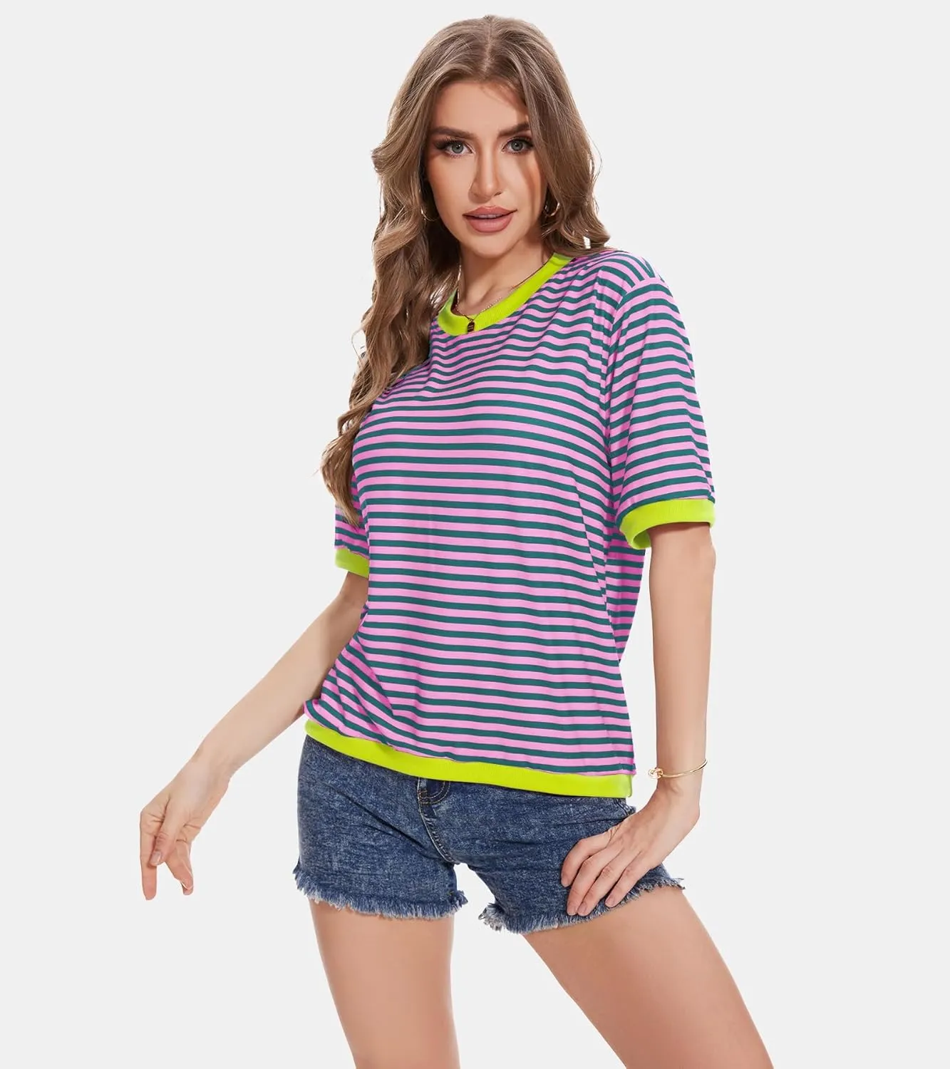 Striped T Shirts for Women Casual Crewneck Short Sleeve Color Block Loose fit Tee Shirts Basic Tops Summer Spring