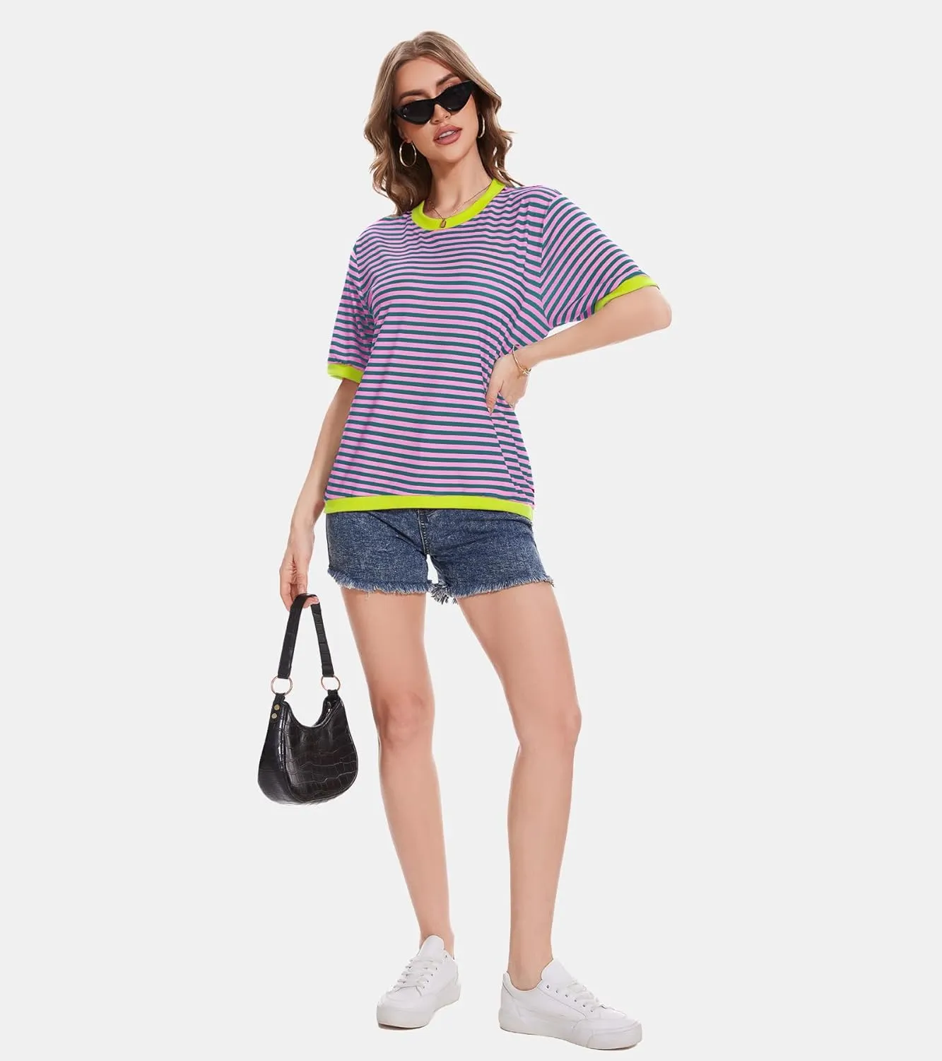 Striped T Shirts for Women Casual Crewneck Short Sleeve Color Block Loose fit Tee Shirts Basic Tops Summer Spring