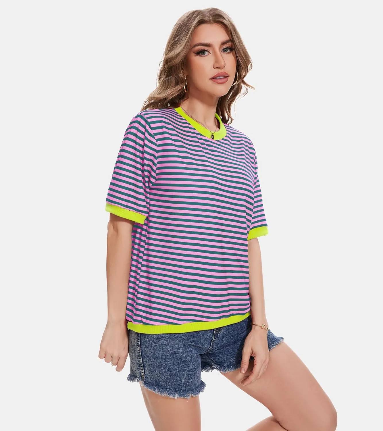Striped T Shirts for Women Casual Crewneck Short Sleeve Color Block Loose fit Tee Shirts Basic Tops Summer Spring