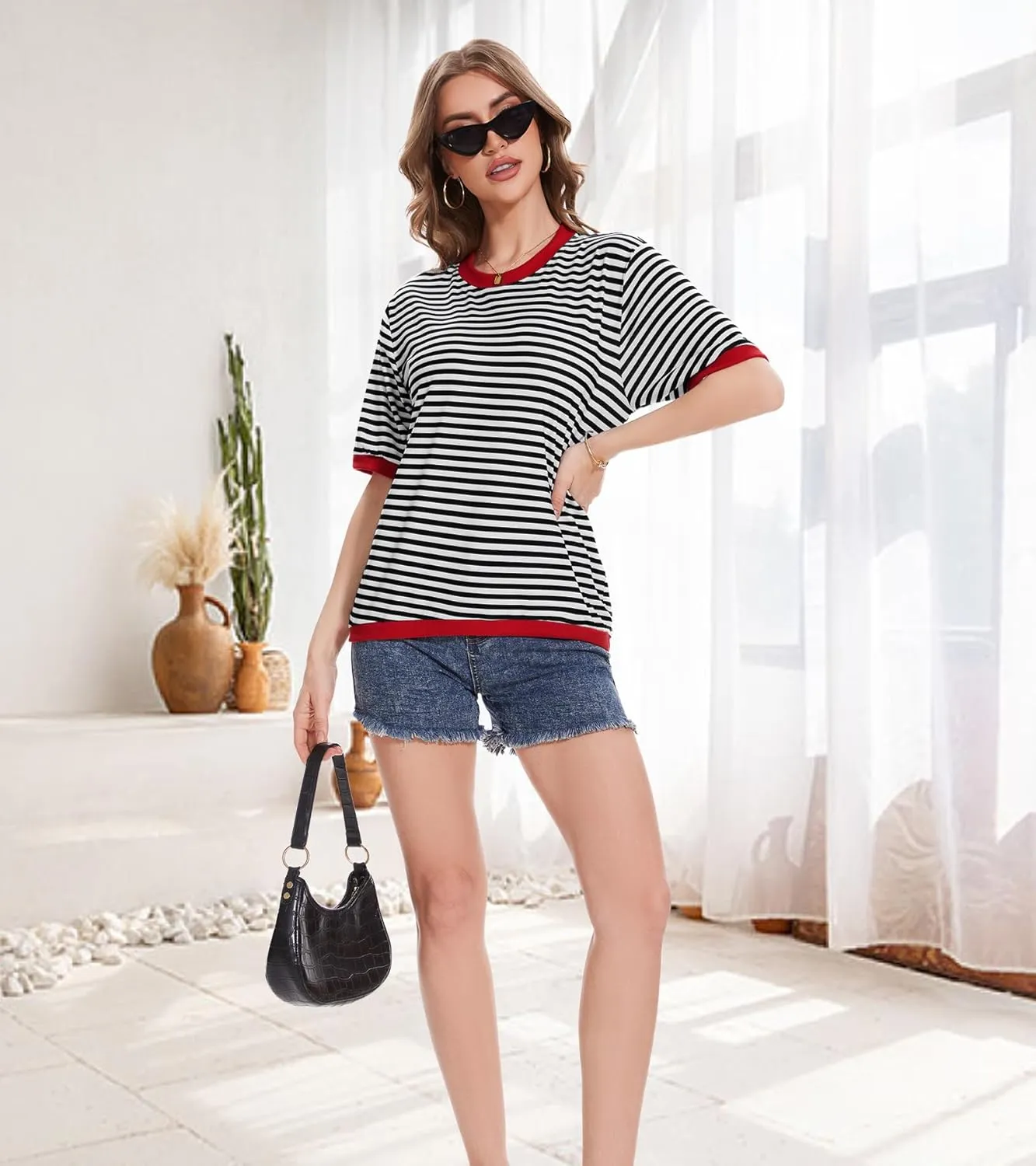 Striped T Shirts for Women Casual Crewneck Short Sleeve Color Block Loose fit Tee Shirts Basic Tops Summer Spring