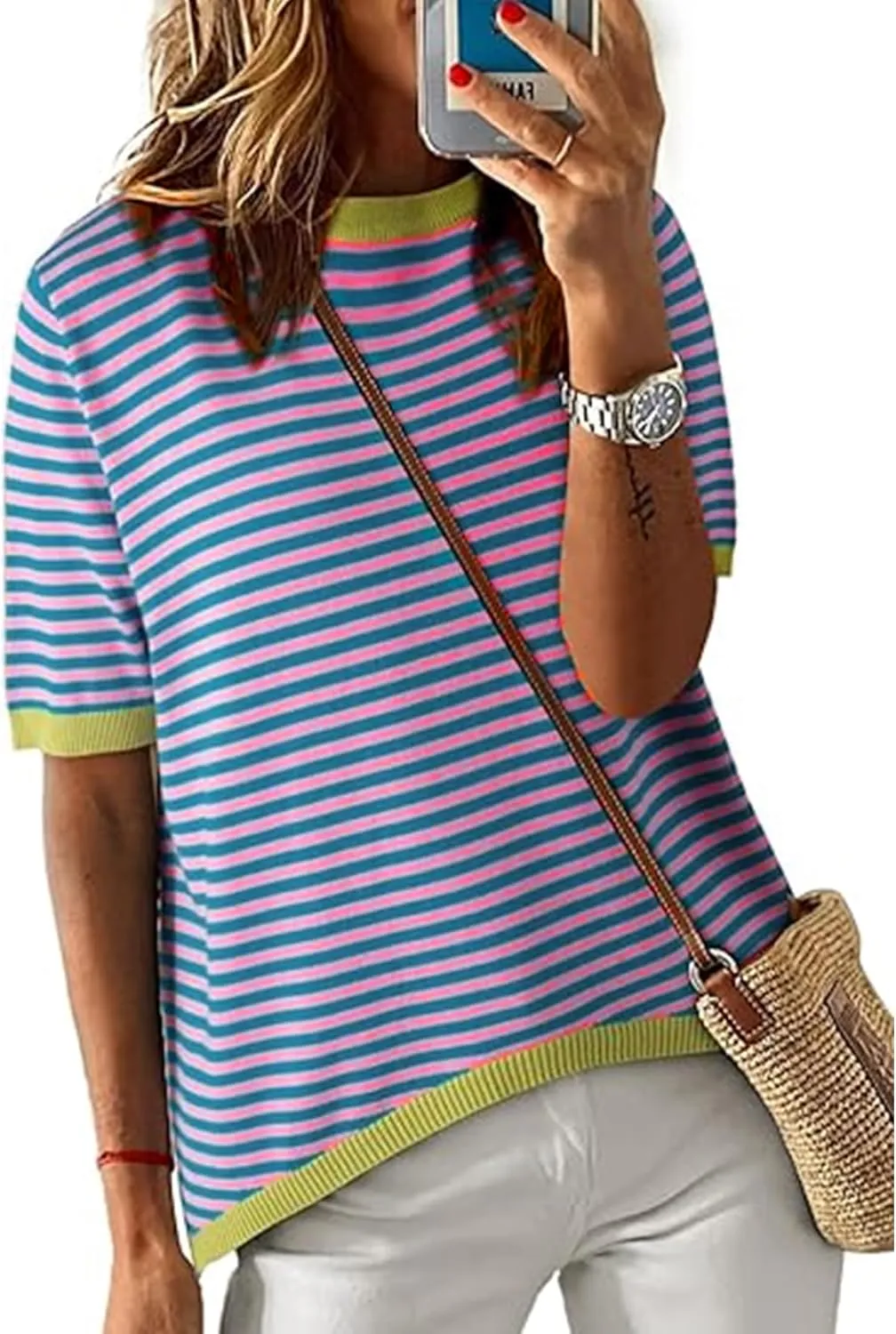 Striped T Shirts for Women Casual Crewneck Short Sleeve Color Block Loose fit Tee Shirts Basic Tops Summer Spring