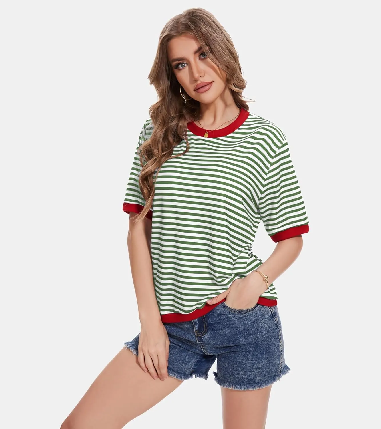 Striped T Shirts for Women Casual Crewneck Short Sleeve Color Block Loose fit Tee Shirts Basic Tops Summer Spring
