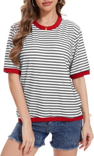 Striped T Shirts for Women Casual Crewneck Short Sleeve Color Block Loose fit Tee Shirts Basic Tops Summer Spring