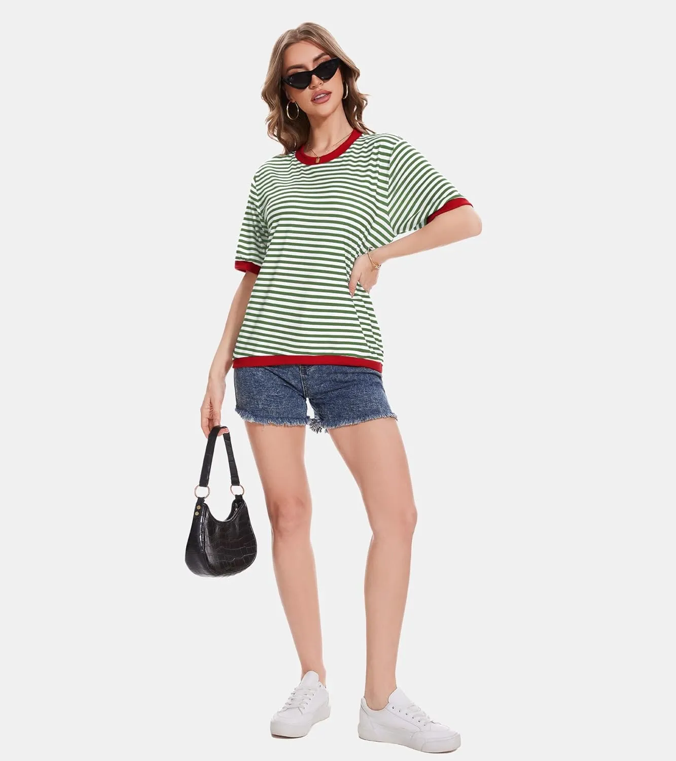 Striped T Shirts for Women Casual Crewneck Short Sleeve Color Block Loose fit Tee Shirts Basic Tops Summer Spring