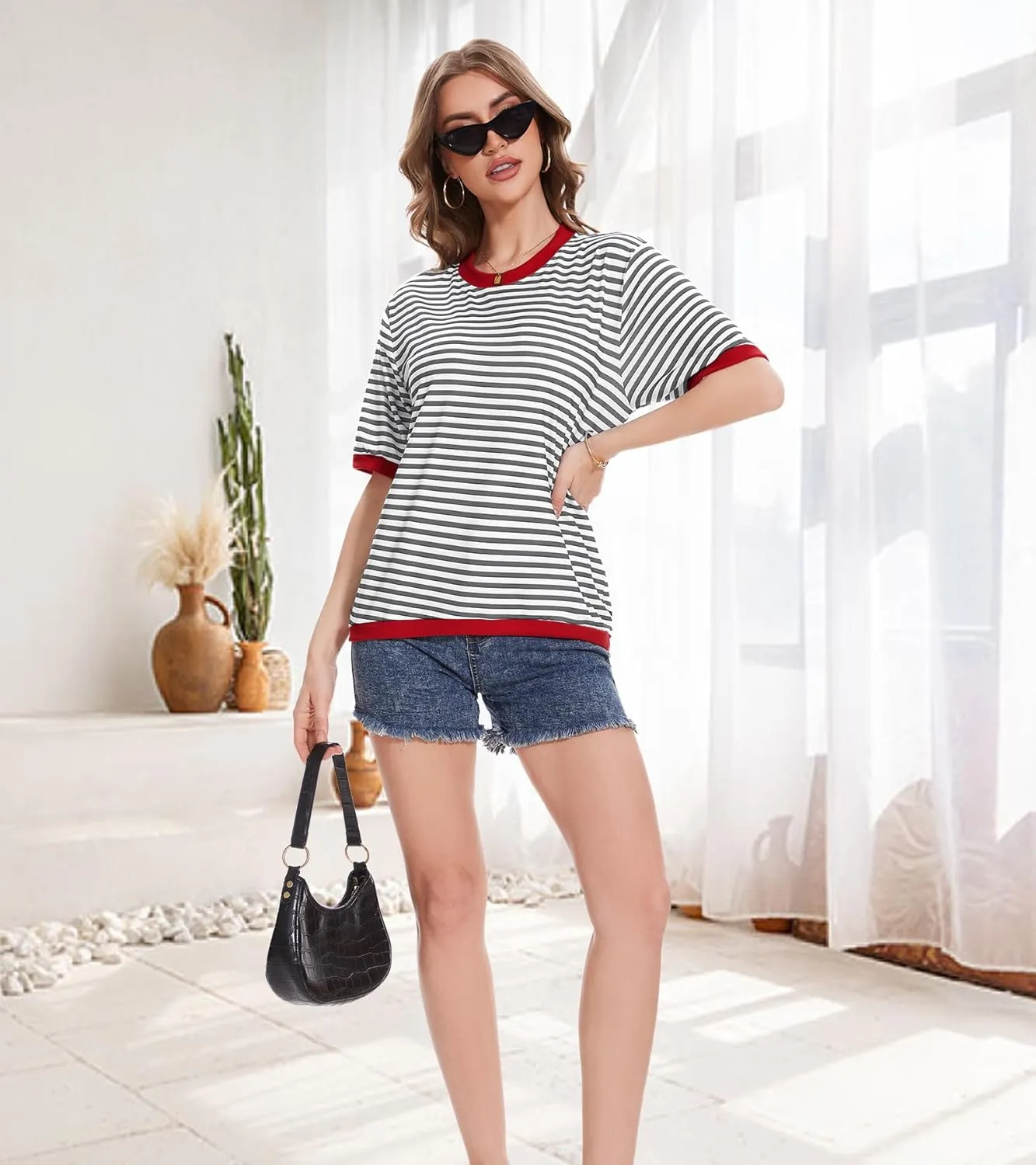 Striped T Shirts for Women Casual Crewneck Short Sleeve Color Block Loose fit Tee Shirts Basic Tops Summer Spring
