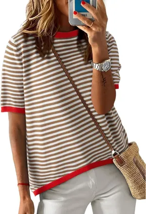 Striped T Shirts for Women Casual Crewneck Short Sleeve Color Block Loose fit Tee Shirts Basic Tops Summer Spring