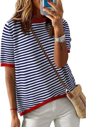 Striped T Shirts for Women Casual Crewneck Short Sleeve Color Block Loose fit Tee Shirts Basic Tops Summer Spring