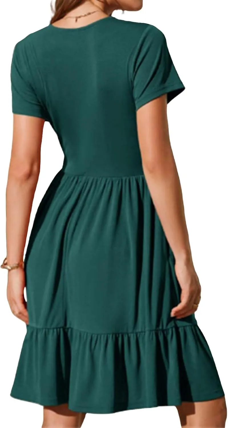 Summer Dresses for Women 2025 Short Sleeve Squared Neck Dresses High Waist A Line Ruffle Hem Mini Dress 2025