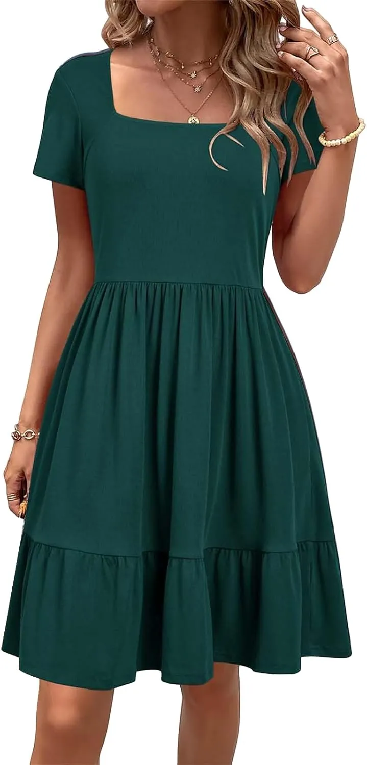 Summer Dresses for Women 2025 Short Sleeve Squared Neck Dresses High Waist A Line Ruffle Hem Mini Dress 2025