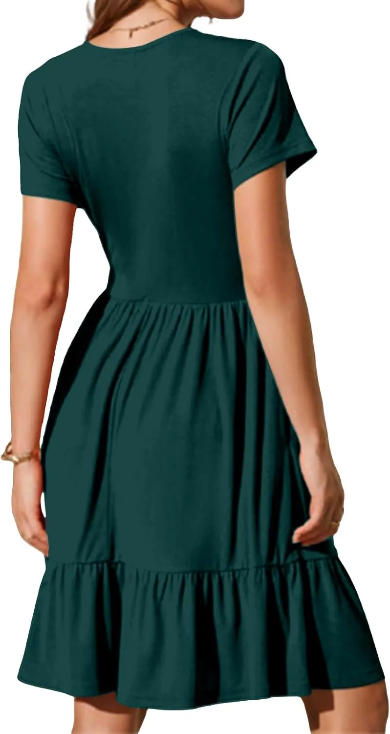 Summer Dresses for Women 2025 Short Sleeve Squared Neck Dresses High Waist A Line Ruffle Hem Mini Dress 2025