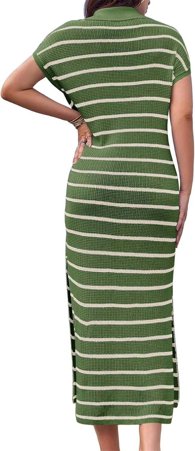 Summer Dresses for Women 2025 Short Sleeve V Neck Collared Dress Striped Knit Dresses Loose Maxi Sweater Dress