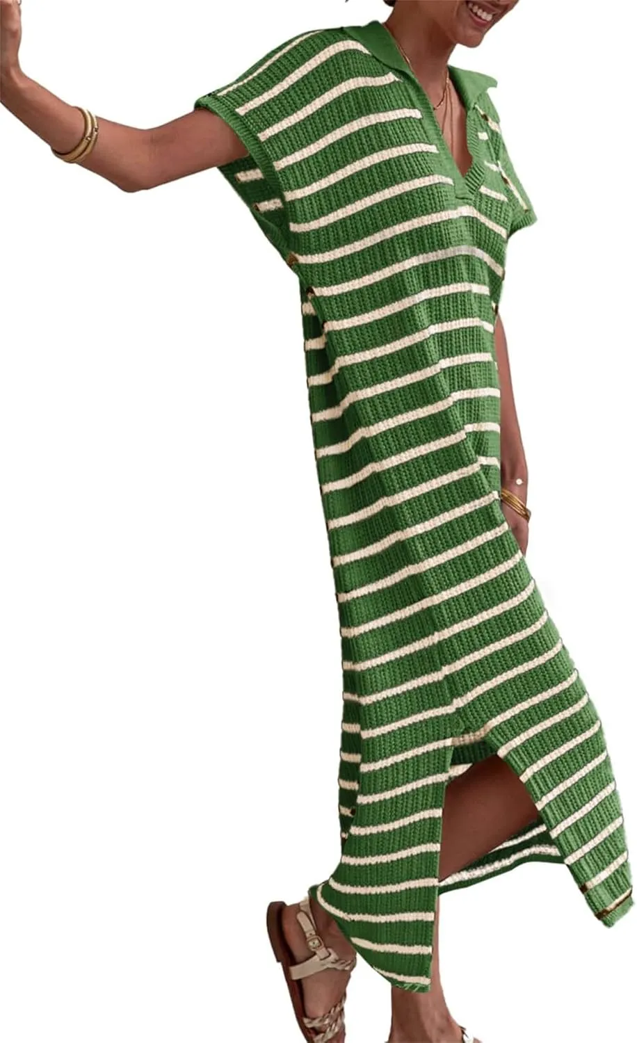 Summer Dresses for Women 2025 Short Sleeve V Neck Collared Dress Striped Knit Dresses Loose Maxi Sweater Dress