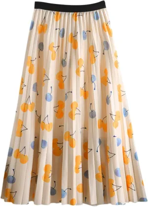 Summer Midi Skirts Fashion Floral Print Overszied skirts for women trendy High Waist Pleated Skirt A Line Swing Mid length Yellow