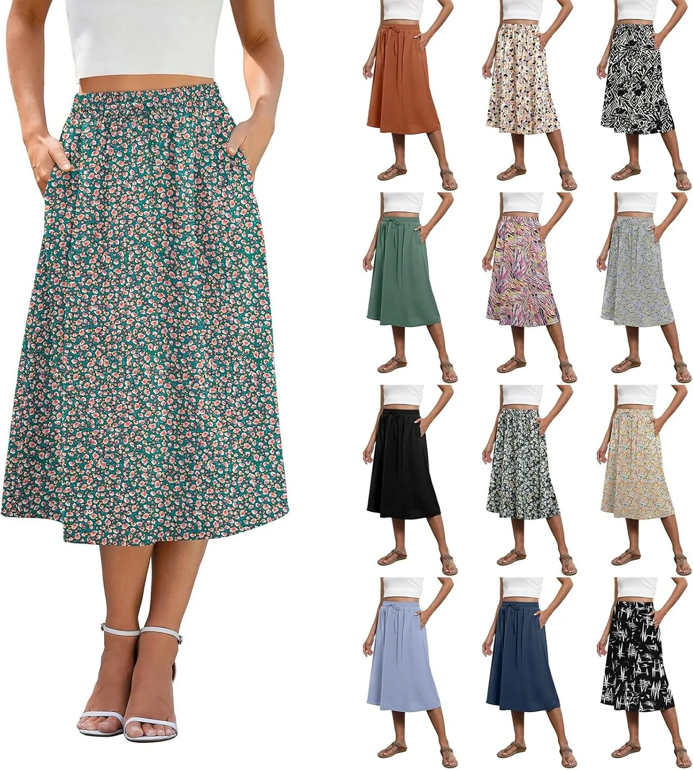 Summer Skirts for Women 2025 Midi Length Elastic High Waist Boho Floral Pleated A Line Skirts with Pockets Beach Coverups