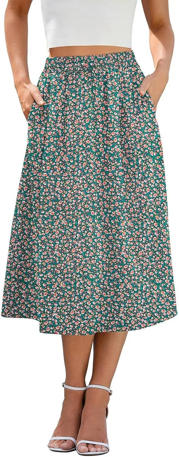 Summer Skirts for Women 2025 Midi Length Elastic High Waist Boho Floral Pleated A Line Skirts with Pockets Beach Coverups