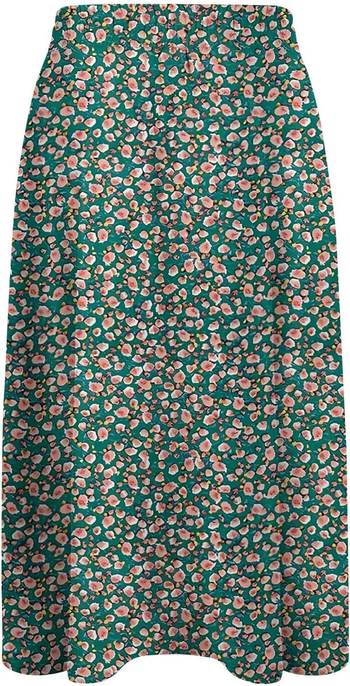 Summer Skirts for Women 2025 Midi Length Elastic High Waist Boho Floral Pleated A Line Skirts with Pockets Beach Coverups