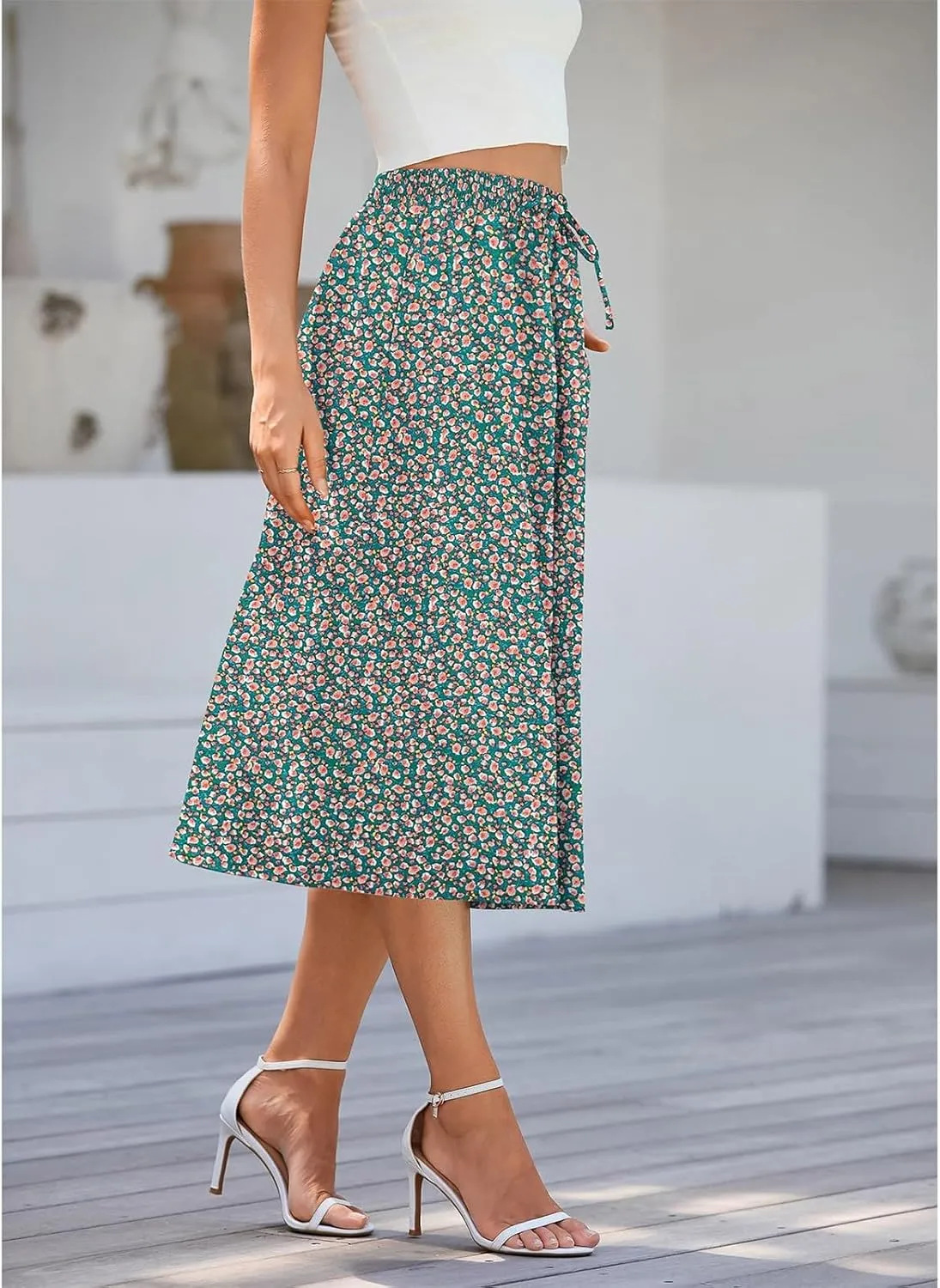 Summer Skirts for Women 2025 Midi Length Elastic High Waist Boho Floral Pleated A Line Skirts with Pockets Beach Coverups