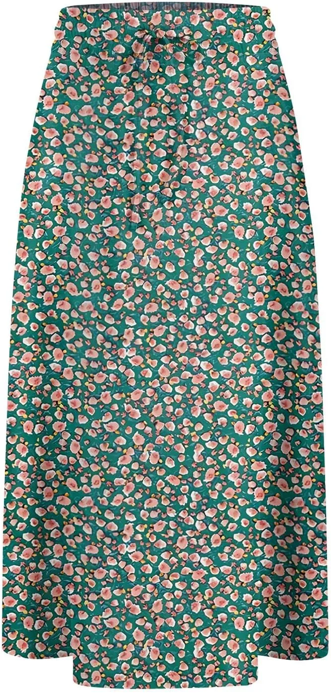 Summer Skirts for Women 2025 Midi Length Elastic High Waist Boho Floral Pleated A Line Skirts with Pockets Beach Coverups