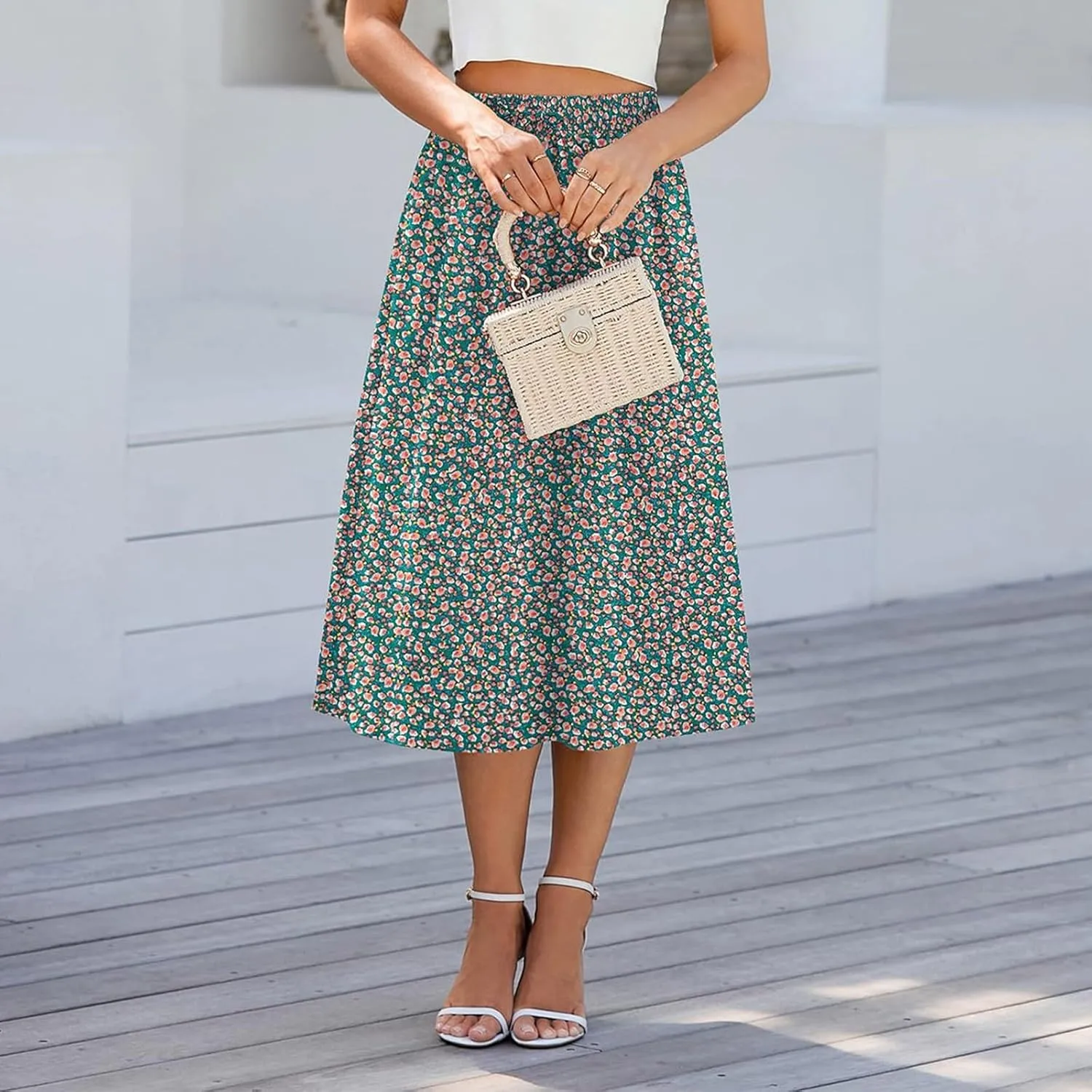 Summer Skirts for Women 2025 Midi Length Elastic High Waist Boho Floral Pleated A Line Skirts with Pockets Beach Coverups