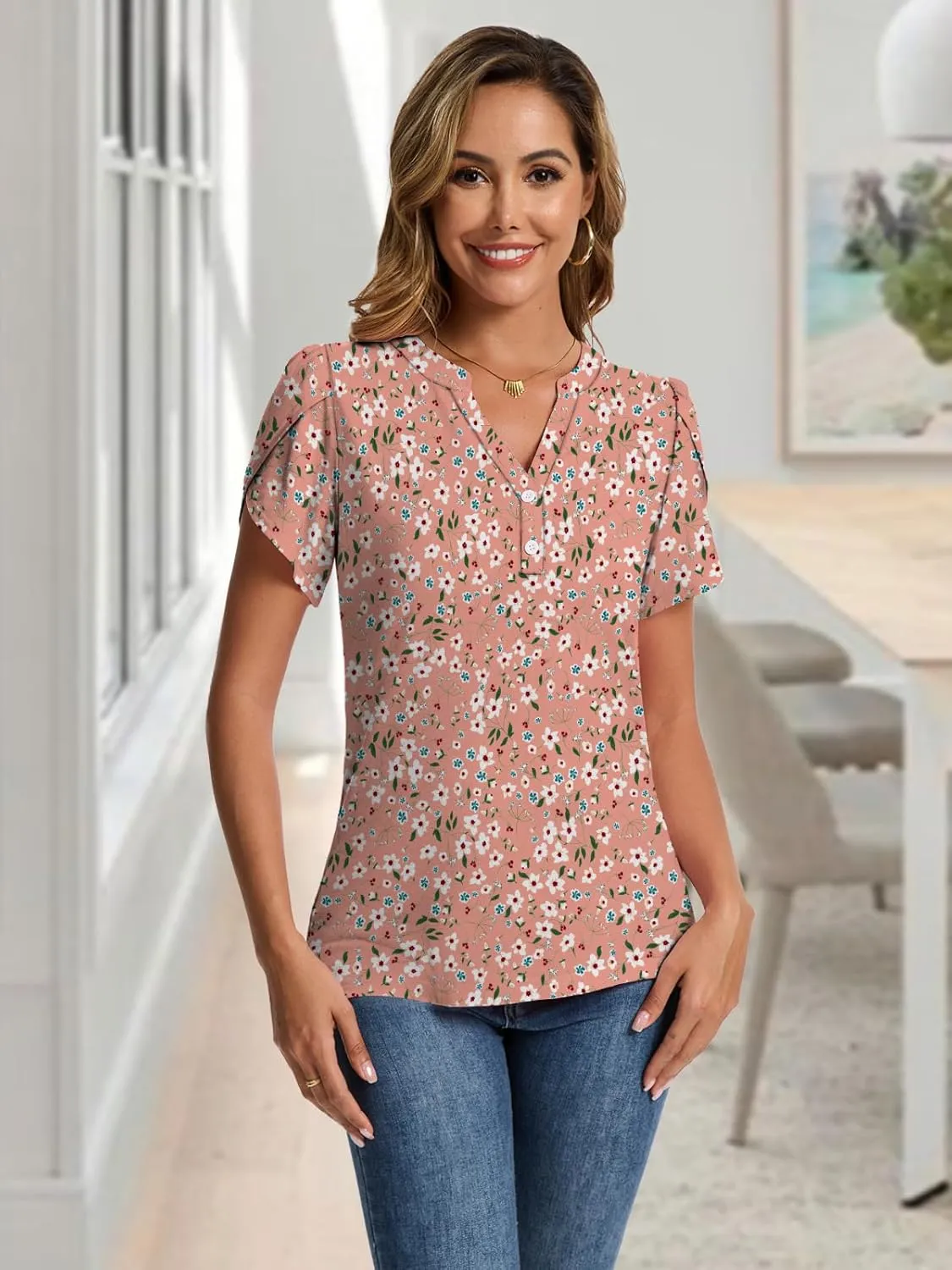 Summer Tops for Women Fashion V Neck Blouses Spring Short Sleeve Button Down Tshirts Ladies Tunics S-XXL