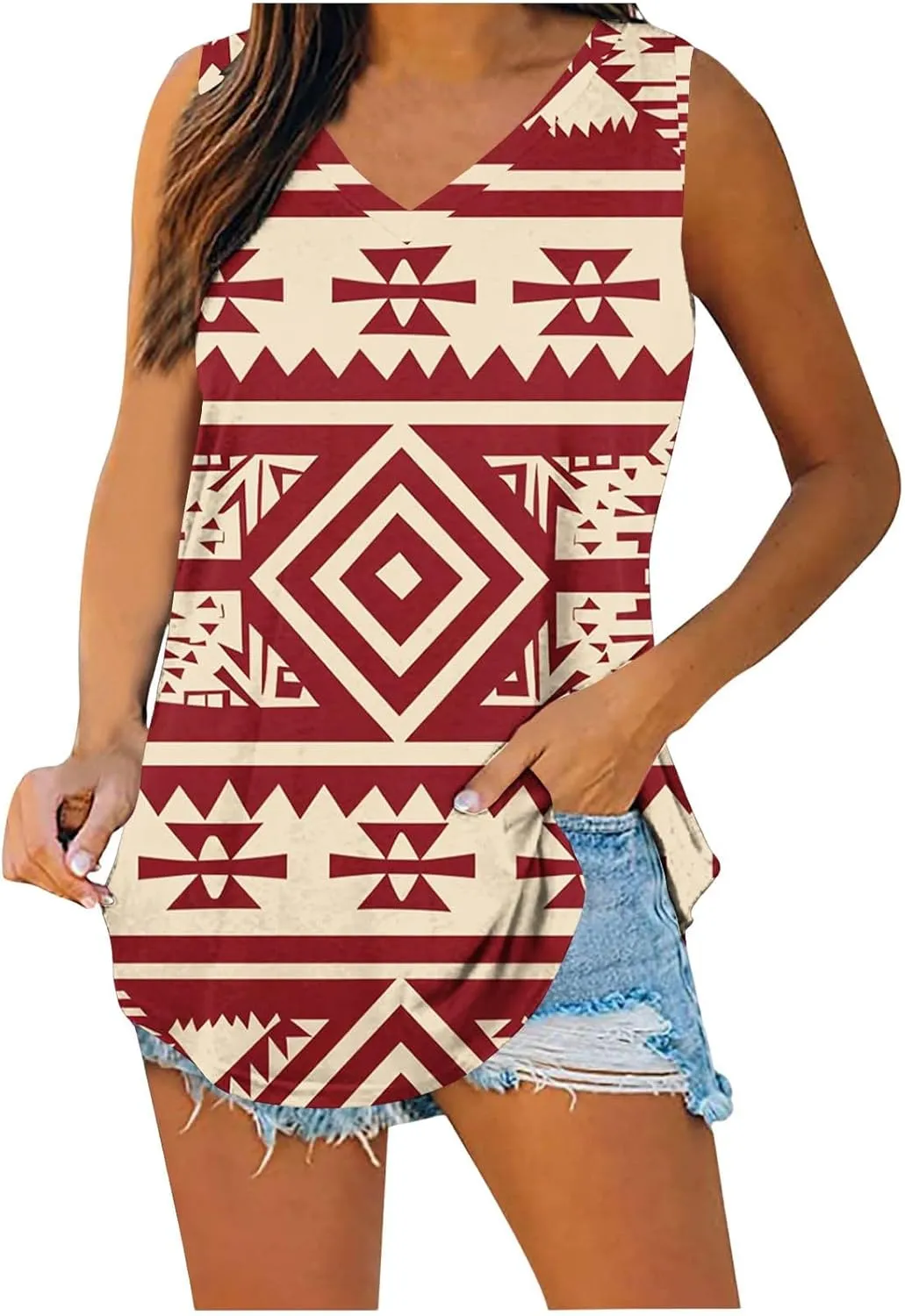 Summer Vintage Aztec Ethnic Tank Tops for Women Casual Sleeveless Western Tunic Shirts V Neck Loose Blouse T-Shirt