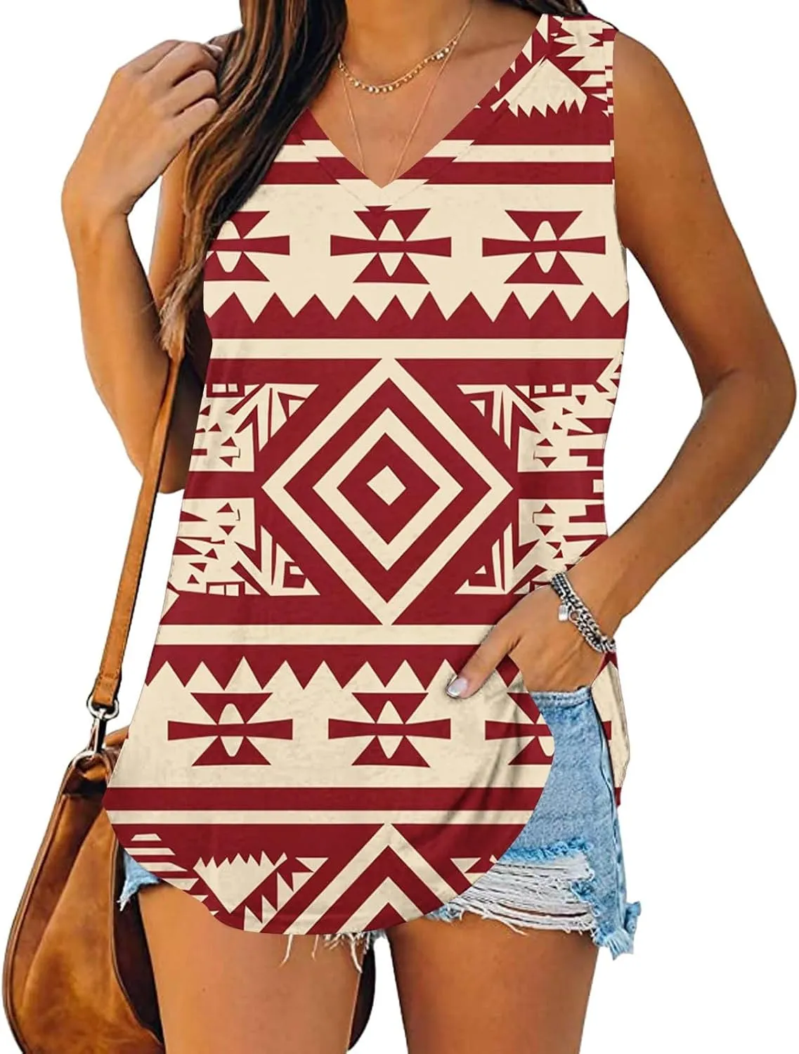 Summer Vintage Aztec Ethnic Tank Tops for Women Casual Sleeveless Western Tunic Shirts V Neck Loose Blouse T-Shirt