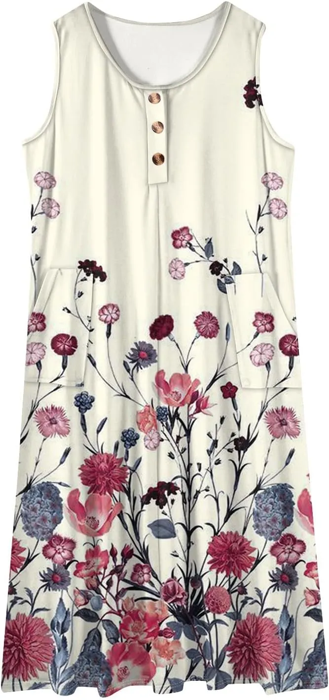 Sun Dresses for Women 2025 Vacation Summer Boho Beach Casual Empire Waist A-Line Midi Flowy Sundresses with Pockets