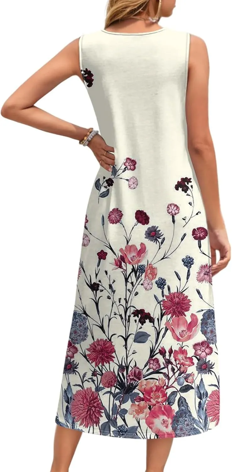 Sun Dresses for Women 2025 Vacation Summer Boho Beach Casual Empire Waist A-Line Midi Flowy Sundresses with Pockets