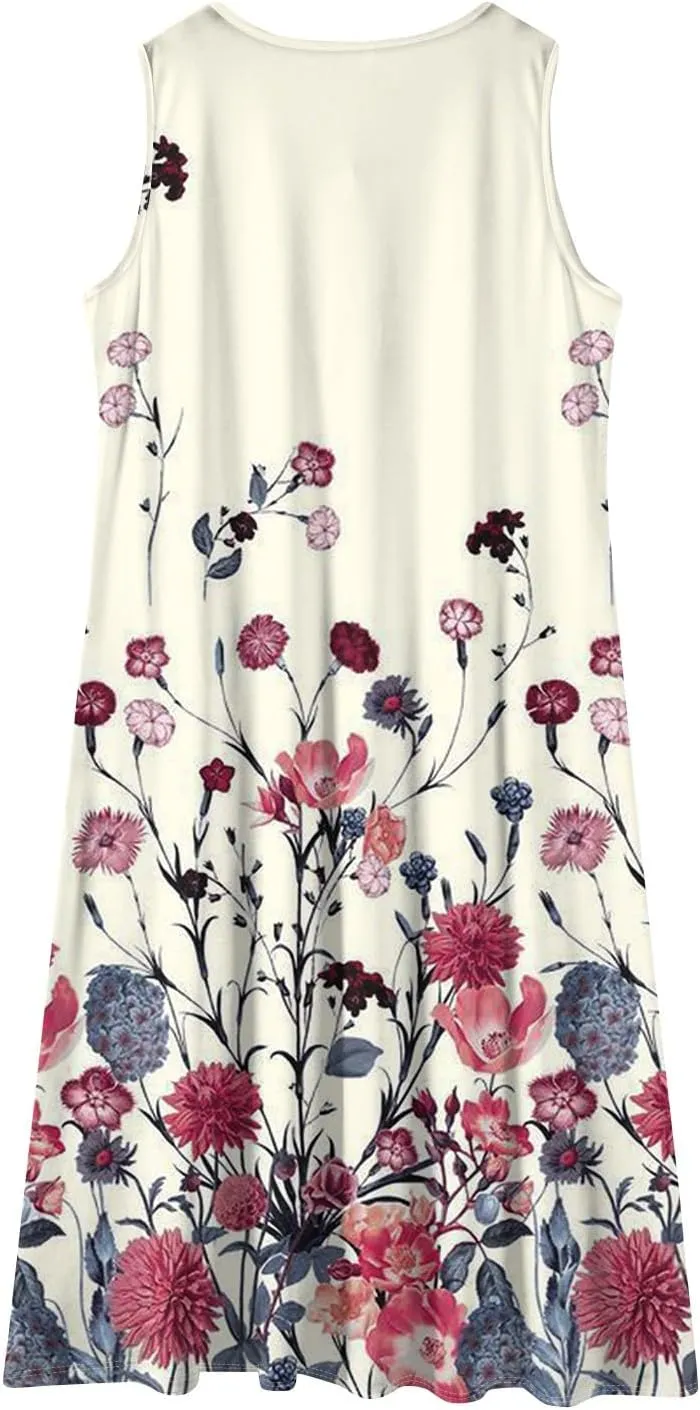 Sun Dresses for Women 2025 Vacation Summer Boho Beach Casual Empire Waist A-Line Midi Flowy Sundresses with Pockets