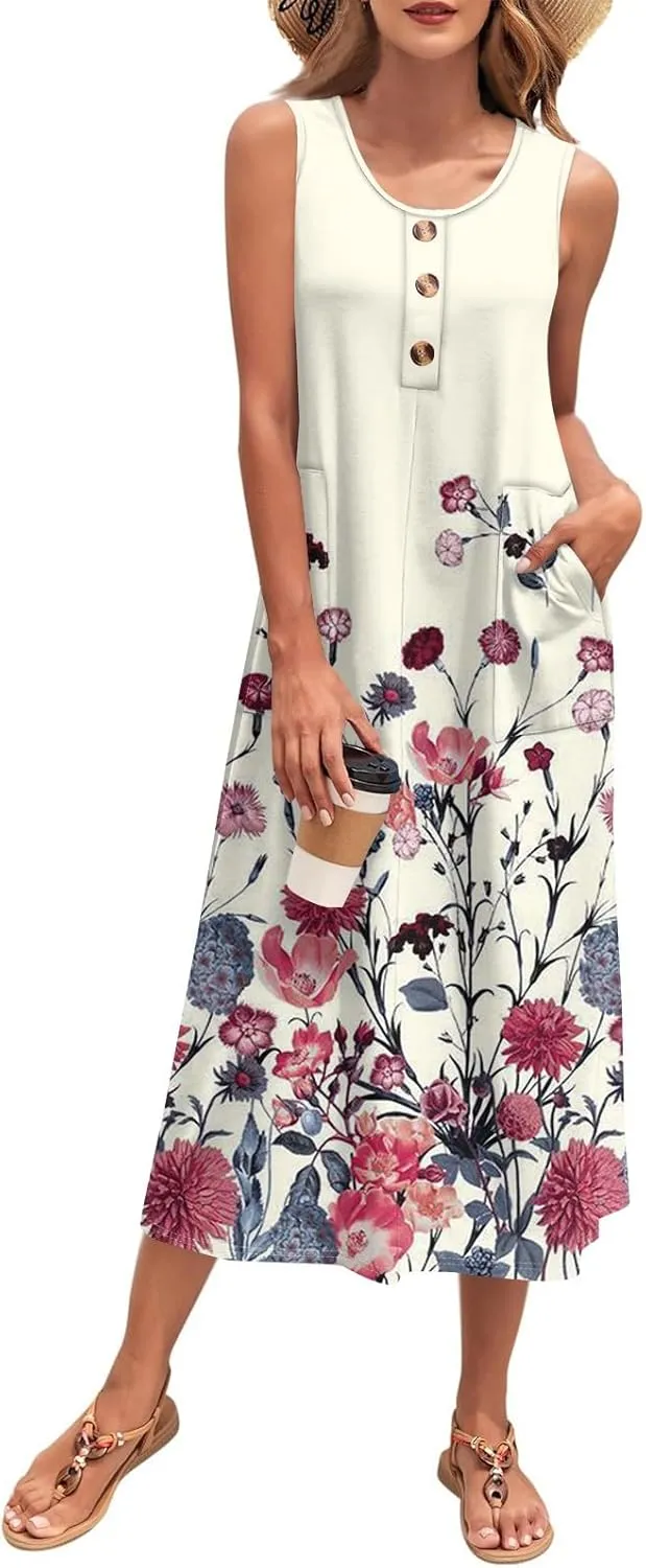 Sun Dresses for Women 2025 Vacation Summer Boho Beach Casual Empire Waist A-Line Midi Flowy Sundresses with Pockets