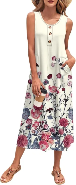 Sun Dresses for Women 2025 Vacation Summer Boho Beach Casual Empire Waist A-Line Midi Flowy Sundresses with Pockets