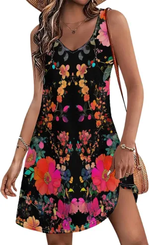 Sundresses for Women Casual Beach Summer Dresses with Pockets V Neck Loose Skirt Boho Hawaiian Floral Tank Dress