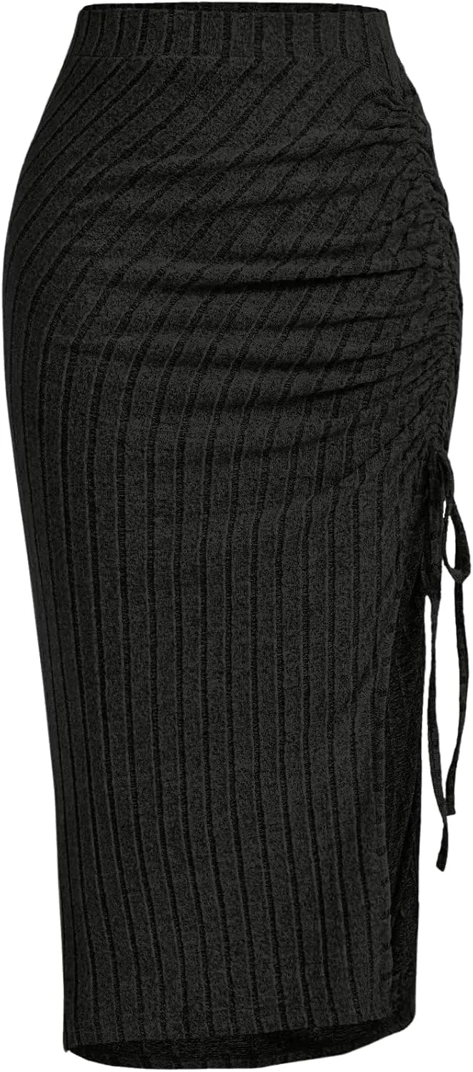 SweatyRocks Women's Casual Striped High Waist Skirt Drawstring Split Thigh Skinny Long Skirts Black L