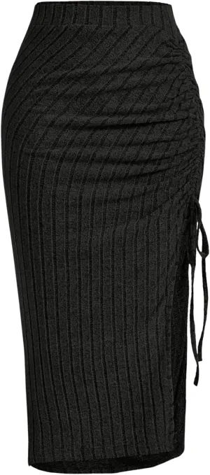 SweatyRocks Women's Casual Striped High Waist Skirt Drawstring Split Thigh Skinny Long Skirts Black L