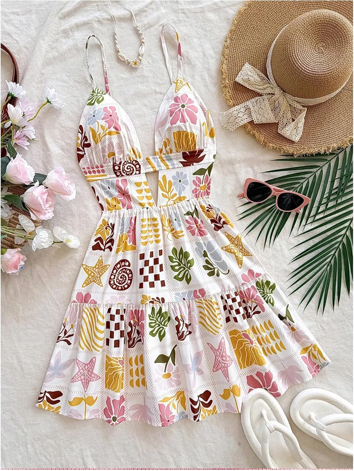 SweatyRocks Women's Floral Print Backless Mini Dress Cut Out Ruffle Sleeveless Vacation Boho Dresses