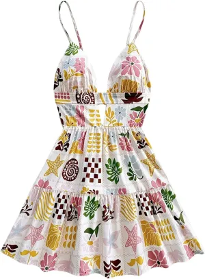 SweatyRocks Women's Floral Print Backless Mini Dress Cut Out Ruffle Sleeveless Vacation Boho Dresses