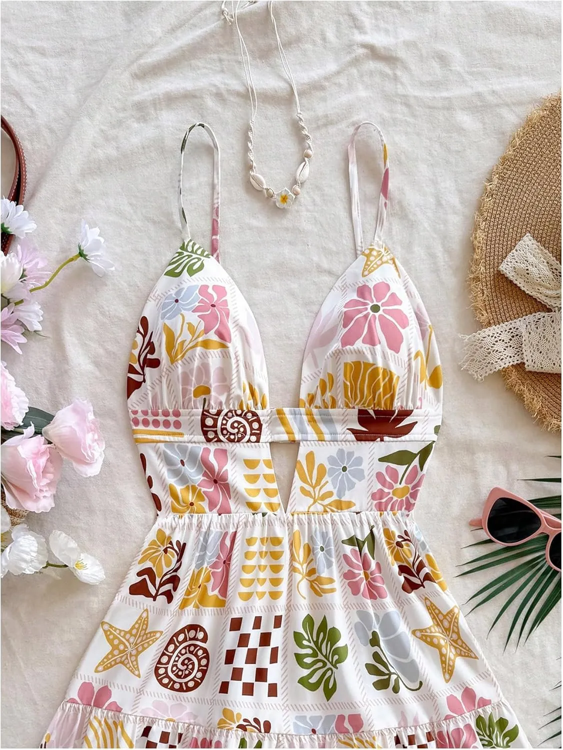 SweatyRocks Women's Floral Print Backless Mini Dress Cut Out Ruffle Sleeveless Vacation Boho Dresses