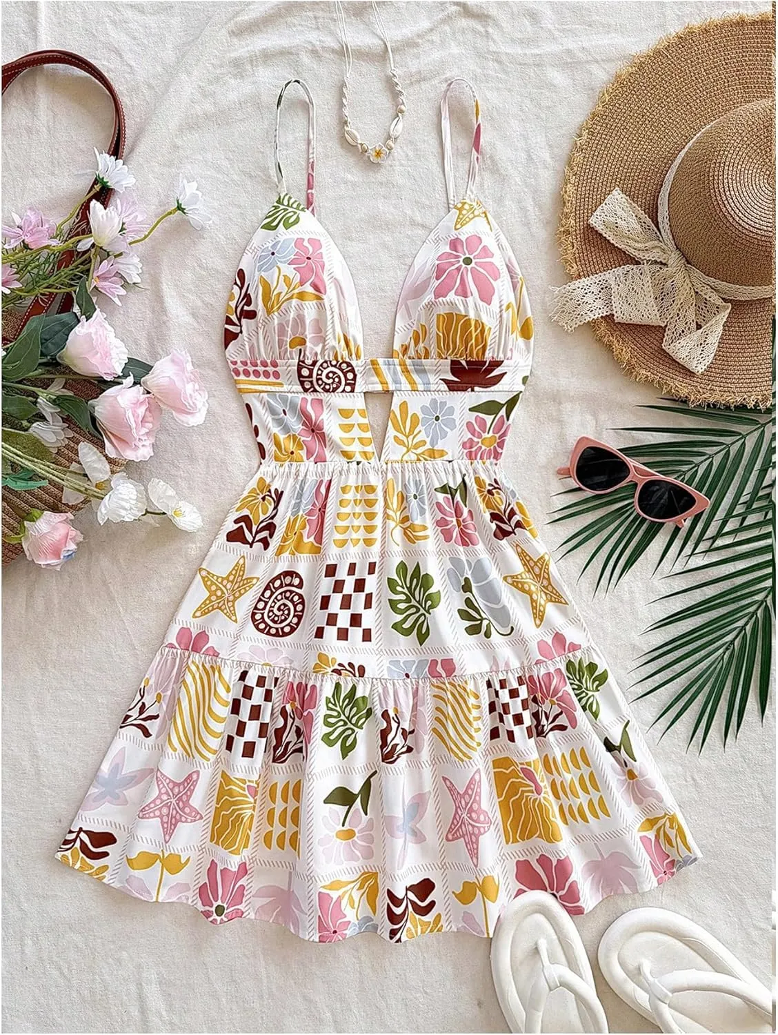SweatyRocks Women's Floral Print Backless Mini Dress Cut Out Ruffle Sleeveless Vacation Boho Dresses