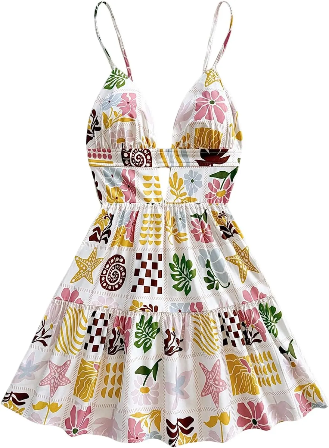 SweatyRocks Women's Floral Print Backless Mini Dress Cut Out Ruffle Sleeveless Vacation Boho Dresses
