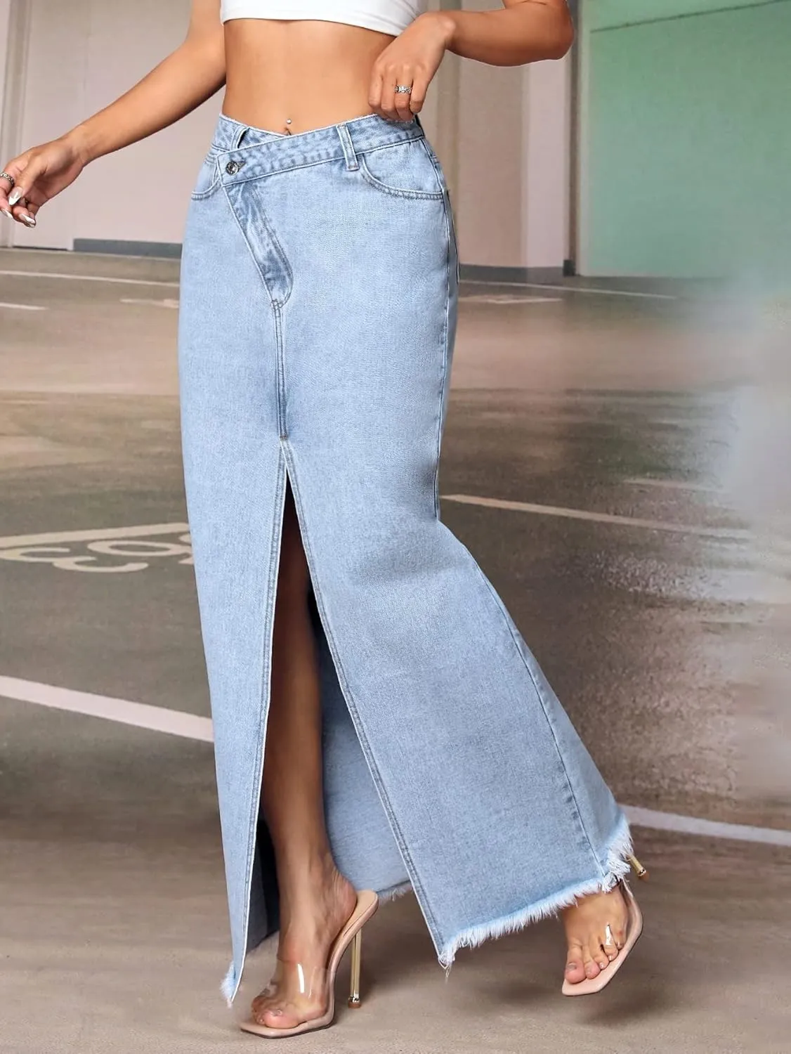 SweatyRocks Women's Wrap Waist Zipper Fly Raw Hem Denim Skirt Split Thigh Maxi Skirts