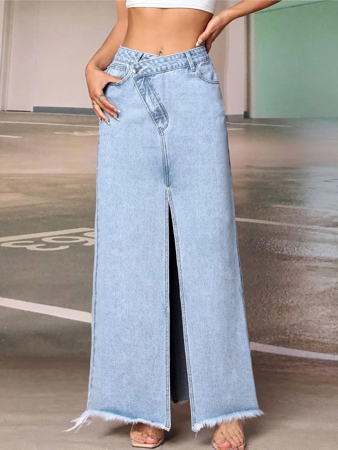 SweatyRocks Women's Wrap Waist Zipper Fly Raw Hem Denim Skirt Split Thigh Maxi Skirts